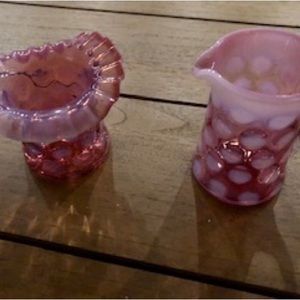Vintage Fenton pink Coin Dot Opalescent Creamer/ Pitcher, sugar holder rare